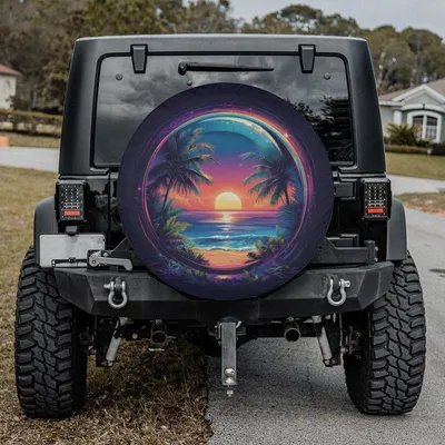 Retro Neon Tropical Sunset Spare Tire Cover - Palm Tree Beach Vibe Accessory, Vibrant 80s Art Spare Tire Cover