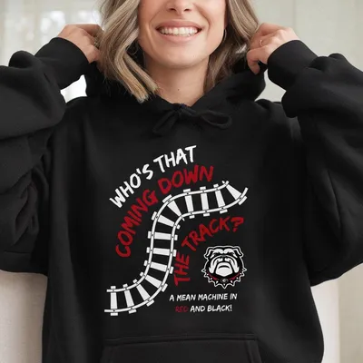 Bulldogs Hoodie, Who’S That Coming Down The Track Georgia Hoodie, Red & Black Game Day Spirit Wear, College Football Fan Hoodie
