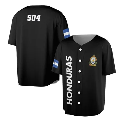 Honduras Polo Baseball Jersey, 504 Area Code Graphic, National Emblem And Flag, Black White Blue Style, Central America Pride
