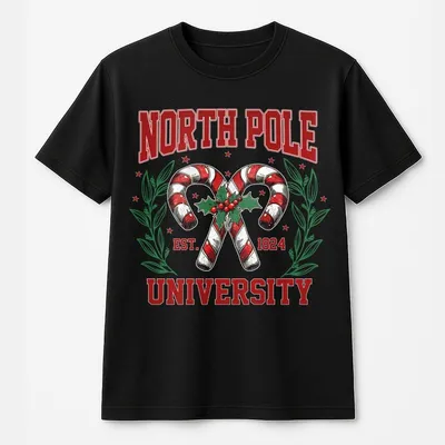 North Pole University Christmas Embroidered T-Shirt,Festive Candy T-Shirt For Holiday Season,Unisex Usa Made & Printed Apparel