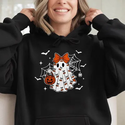 Youth And Adult Spooky Ghost With Bow & Pumpkin Hoodie,Halloween Hoodie,Graphic Hoodie,Gift For Boys Girls,Youth Clothing