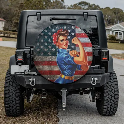 Wwii Labor Woman Spare Tire Cover, American Flag Rosie Design, Empowering Patriotic Car Accessory With Backup Camera Hole Spare Tire Cover