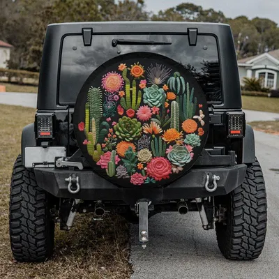 Colorful Succulent Cactus Floral Spare Tire Cover, Desert Garden Art, Vibrant Wheel Protector, Aesthetic Car Truck Deco Spare Tire Cover