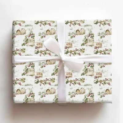 Winter Wine Barrels - Gift Wrap for Christmas, Holidays Wrapping Paper, Christmas Wrapping Paper