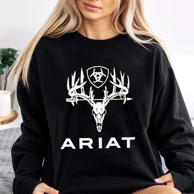Ariat Men’S Black Graphic Sweatshirt With Deer Skull Antlers Logo Print,Western Cowboy Huntlng Style Comfortable