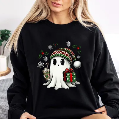 Christmas Ghost Sweatshirt Cute Holiday Ghost Cozy Winter Graphic Sweatshirt Funny Xmas Sweatshirt For Men And Women