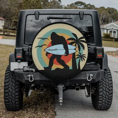 Surfing Sasquatch Square Tire Cover, Retro Beach Bigfoot Design Spare Tire Cover