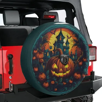 Scary Pumpkin Patch Spare Tire Cover, Creepy Halloween Design, Spooky Jack O Lantern Theme, Fun Fall Season Car Accessory Gift For Halloween Lovers Spare Tire Cover