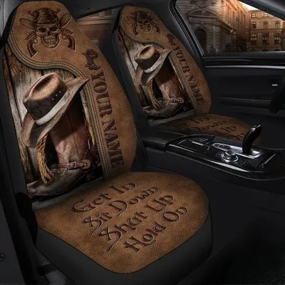 Personalized Name Cowboy Front Car Seat Cover, Hold on Funny Carseat Protector Universal Fit
