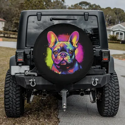 Neon Frenchie Dog Face Spare Tire Cover, Splash Art Wheel Protector, Cool Pet Enthusiast Universal Wheel Cover Spare Tire Cover