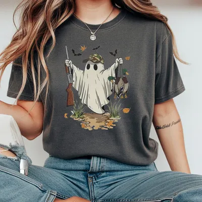 Retro Camouflage Duck Hunting Season Halloween T-Shirt Hunter Halloween T-Shirt Camo Ghost Halloween Boys T-Shirt