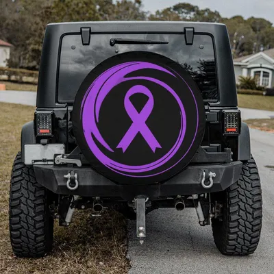 Purple Awareness Ribbon Spare Tire Cover, Support And Hope Design, Inspirational Charity Symbol On Black Background, Meaningful Gift For Awareness Causes Spare Tire Cover