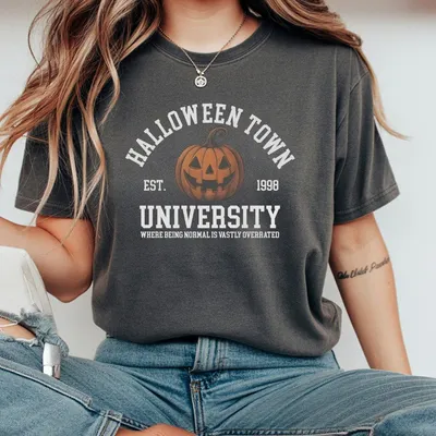 Halloween Town University Pumpkin Graphic T-Shirt Ash Grey Spooky Unisex For Fall Daily Casual Cotton