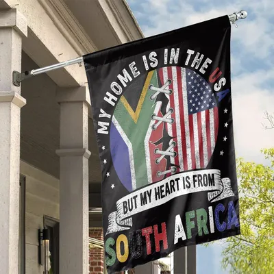 South African American House Flag, My Home Is In The Usa Message, Split Flag Emblem With Shoelace Connection, Dual Identity Banner Vertical House Flag