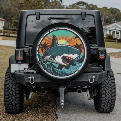 Retro Shark Spare Tire Cover, Fun Ocean Predator Design, Waterproof Durable Vinyl, Universal Fit For Suv Truck Rv Camper, Unique Car Accessory For Women Spare Tire Cover