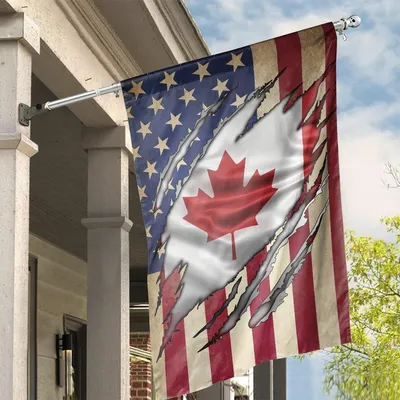 Torn American And Canadian Flag Vertical House Flag, Usa Canada Friendship Patriotic Outdoor Decoration For Home And Yard Vertical House Flag