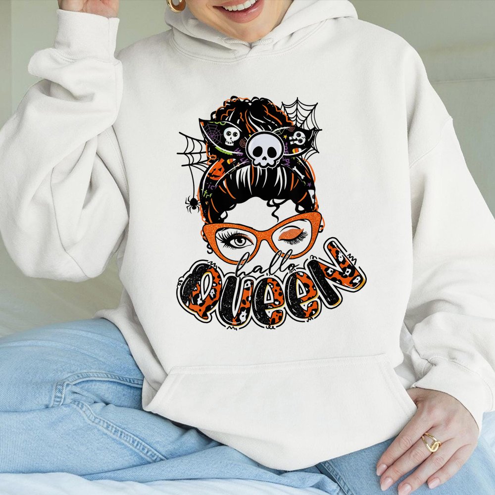Spooky Mom Life Hoodie Cute Halloween Messy Bun Glasses Spider Web Graphic Funny Mom Pumpkin Ghost Bat Hoodie