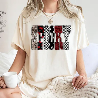 Halloween T-Shirt, Spooky Letters T-Shirt, Leopard Checker Cherry Print, Red Black Sublimation, Cute Fall Design