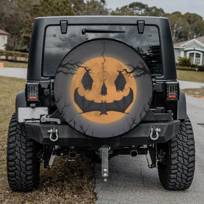 Halloween Bat Moon Spare Tire Cover, Scary Pumpkin Face Full Moon Design, Spooky Seasonal Tire Cover Spare Tire Cover
