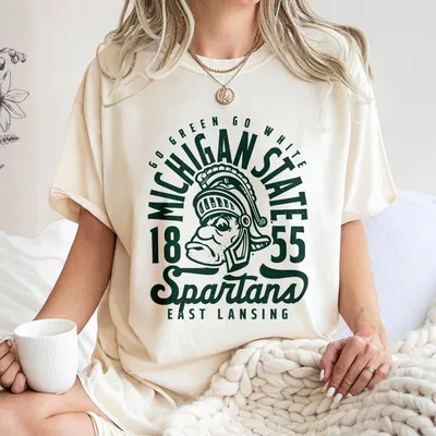 Michigan State University Spartans Artwork T-Shirt, 1855 East Lansing Mascot Graphic Go Green Go White Game Day T-Shirt