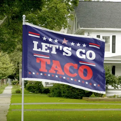 Let’S Go Taco House Flag, Red White Blue Design With Star-Shaped American Emblem, Bold Text On Dark Blue Background Horizontal House Flag