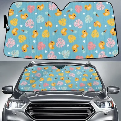 Yellow Ducky And Monstera Leaf Blue Car Sun Shades Cover Auto Windshield PrintSyde