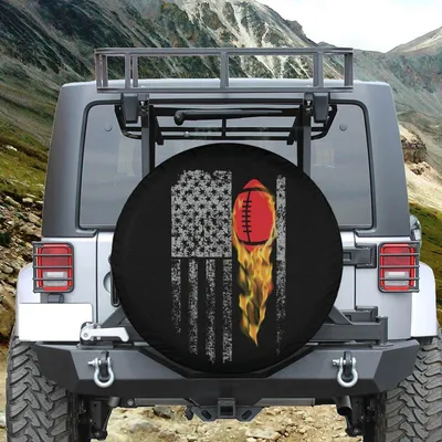 Distressed Flag Football On Fire Spare Tire Cover - Patriotic Grunge Sports Art, Fiery American Flag Graphic, Universal Waterproof Tire Protector Spare Tire Cover