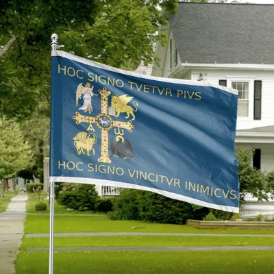 Christian House Flag, Golden Cross With Angel, Lion, Ox And Eagle Symbols, Latin Motto Hoc Signo Vinicitur Inimicus Banner Horizontal House Flag