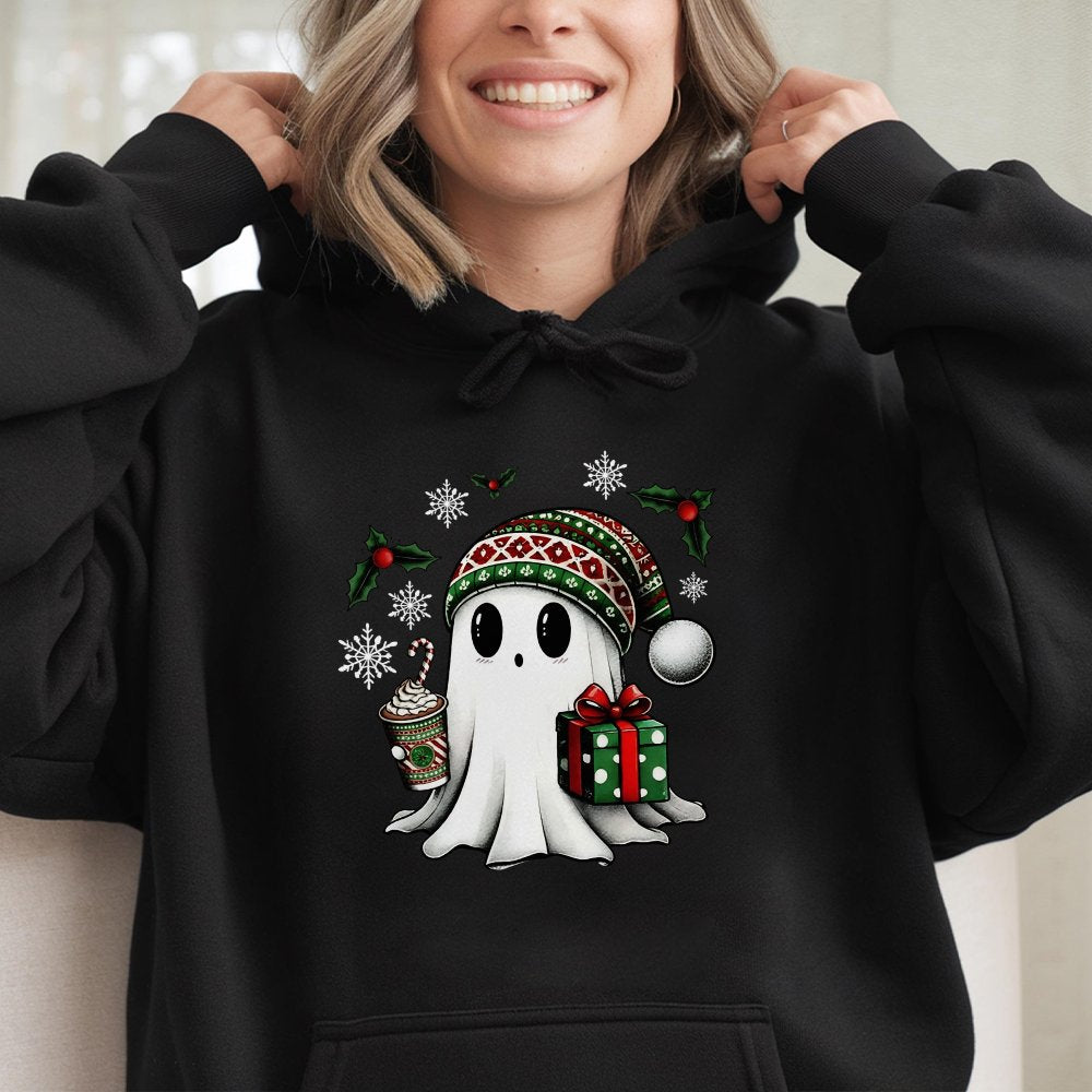Christmas Ghost Hoodie Cute Holiday Ghost Cozy Winter Graphic Hoodie Funny Xmas Hoodie For Men And Women