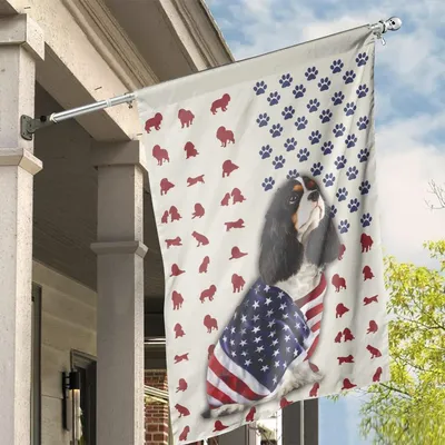 Patriotic Cavalier Vertical House Flag, American Flag Paw Print Garden Flag, King Charles Spaniel Yard Banner Vertical House Flag