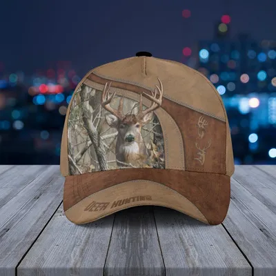 Baseball Cap Deer Hunting Forest Scene With Antler Graphic And Brown Leather Texture Baseball Cap