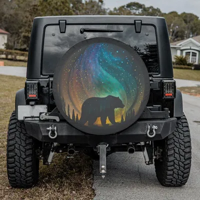Bear Aurora Borealis Spare Tire Cover, Northern Lights Forest Design, Waterproof Uv Protection Wheel Cover, Universal Fit Spare Tire Cover