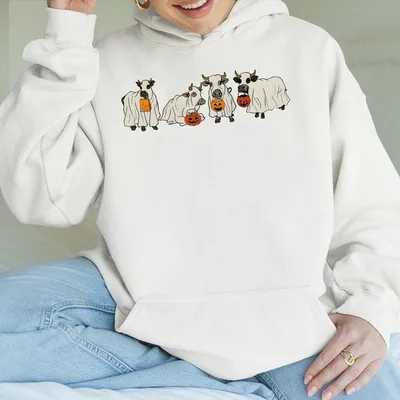 Halloween Ghost Cow Hoodie, Western Style Graphic, Unisex Apparel, Made In Usa, Halloween Festivity Top