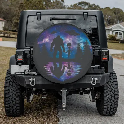 Bigfoot And Ufo Spare Tire Cover For Truck Car, Waterproof Vinyl Outdoor Art Spare Tire Cover
