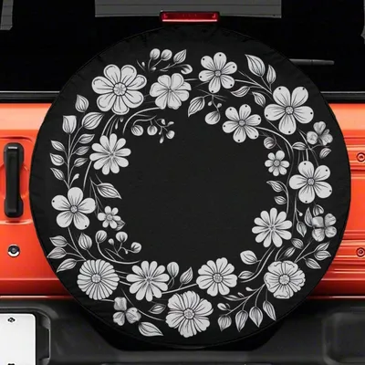 Black Flower Pattern Spare Tire Cover, Elegant Floral Design For Her, Waterproof Durable Vinyl, Universal Fit For Suv Truck Rv Camper Spare Tire Cover