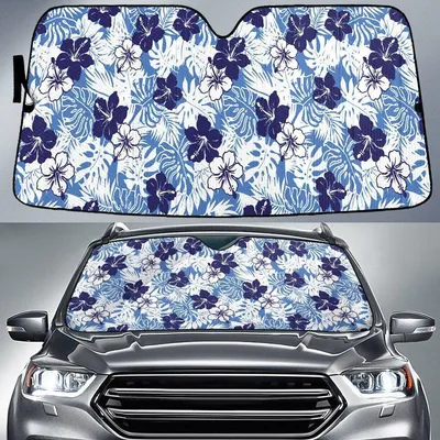White And Blue Hawaiian Hibiscus Flower Monster Tropical Leaf Car Sun Shades Cover Auto Windshield PrintSyde