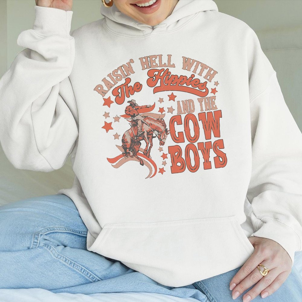 Raisin Hell With The Hippies Hoodie Cowboy Western Graphic Hoodie Country Music Hoodie For Women Vintage Oversized