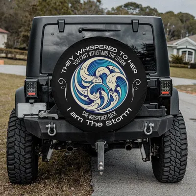 Ocean Wave Spare Tire Cover, I Am The Storm Quote, Inspirational Blue Wave Design, Waterproof Vinyl Wheel Protector Spare Tire Cover
