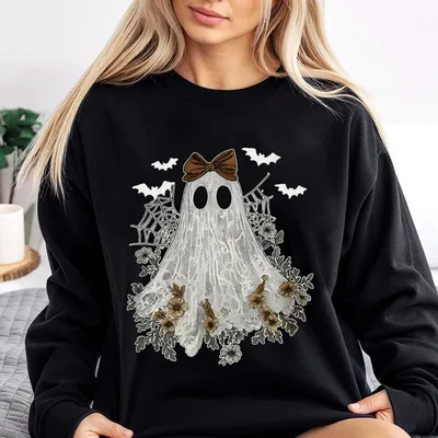 Cute Ghost Halloween Sweatshirt, Ghost Coquette Graphic Sweatshirt, Girly Pumpkin Ghost Top, Comfy Sweatshirt