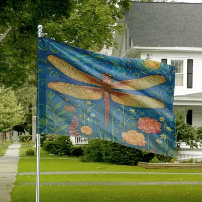 Dragonfly Garden Flag With Starry Night Sky, Artistic Wildflower Yard Decor, Van Gogh Inspired Outdoor Flag Horizontal House Flag