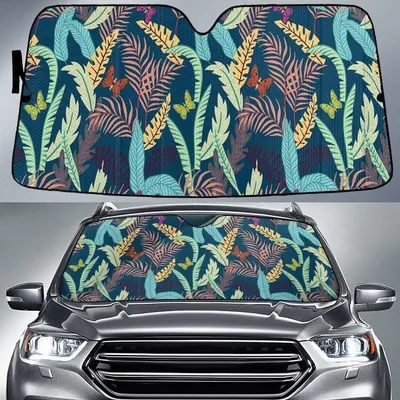 Chromatic Tropical Leaves Over Butterflies Charcoal Theme Car Sun Shades Cover Auto Windshield PrintSyde
