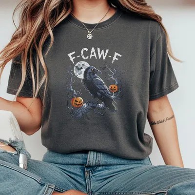 F Caw F Raven T-Shirt Funny Crow With Halloween Pumpkins And Moon Graphic Dark Humor Gothic Cozy Fall