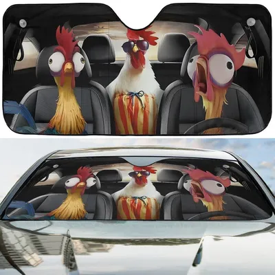 Funny Chickens Driving Car Sun Shade, Rooster Road Trip Design, Cartoon Windshield Visor, Comedy Auto Accessory, Novelty Car Sunshade