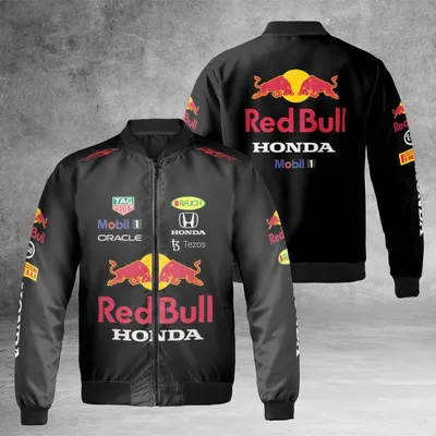 Red Bull Honda F1 Team Bomber Jacket, Oracle Mobil 1 Pirelli Sponsor Logos, Max Verstappen, Motorsport, Us Bomber Jacket