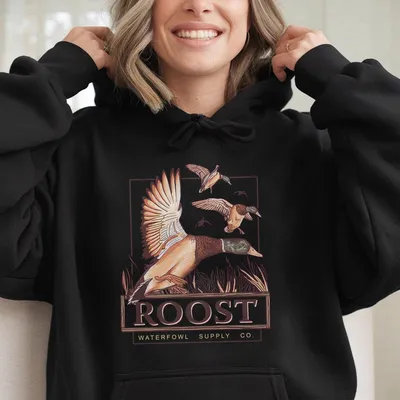 Roost Wf Hunting Hoodie , Flying Duck With Camo Background, Menswear Graphic Hoodie For Outdoor Sports And Hunting, Gift For Women For Men