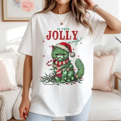 Funny Christmas Cat T-Shirt Aeur Grumpy Green Kitty With Candy Cane Lights Perfect For Holiday Parties Unisex Casual