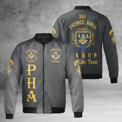 Unisex Prince Hall Mason Pha Bomber Jacket, Little Elm Texas Lodge 357 Gear, Black & Gold Fraternal Gift Bomber Jacket