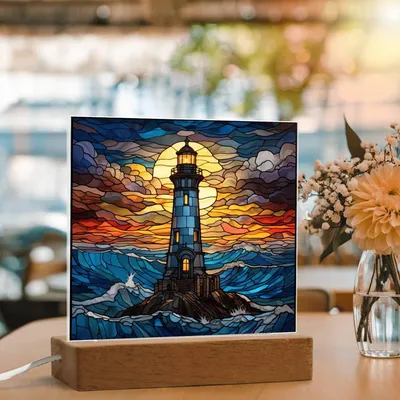 Lighthouse In The Ocean Faux Stained Glass For Lighthouse Decoration - Acrylic Square Plaque