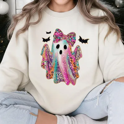 Colorful Leopard Bow Ghost Sweatshirt Cute Rainbow Glitter Ghost & Bat Spooky Season Fall Sweatshirt For Women