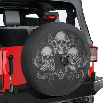 Funny Skull Spare Tire Cover, Hear See Speak No Evil Skeleton Art, Halloween Car Accessory, Backup Camera Hole Option, Universal Fit Suv Truck Spare Tire Cover